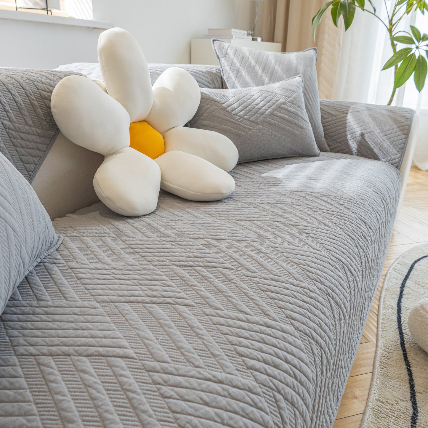 Quilted Geometric Cotton Sofa Cover, Non-Slip & Thick Padded Furniture Covers in grey with textured diagonal stitching, sofa view