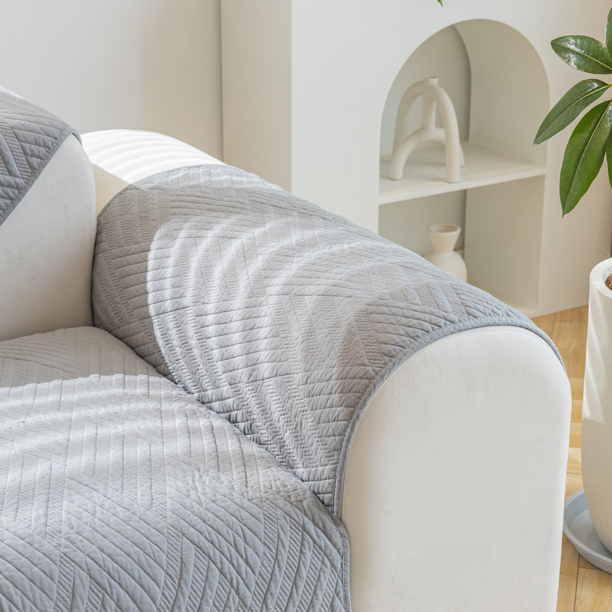 Quilted Geometric Cotton Sofa Cover, Non-Slip & Thick Padded Furniture Covers on modern sofa