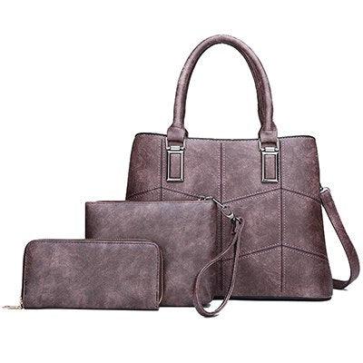 Luxury 3 Piece Leather Tote Set | Genuine Leather Cowgirl Shoulder Bag & Clutch in brown with silver-plated accents.