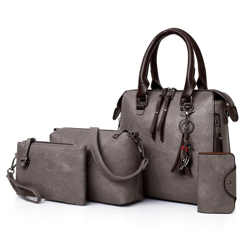 Vintage Leather 4-Piece Messenger Bag Set | Luxury Leather Tote, Clutch & Wallet Set displayed together in stylish gray leather.