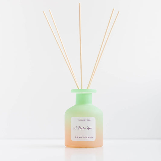Reed Diffuser - The Wind of Summer with frosted glass and reed sticks, featuring exotic long-lasting fragrance.
