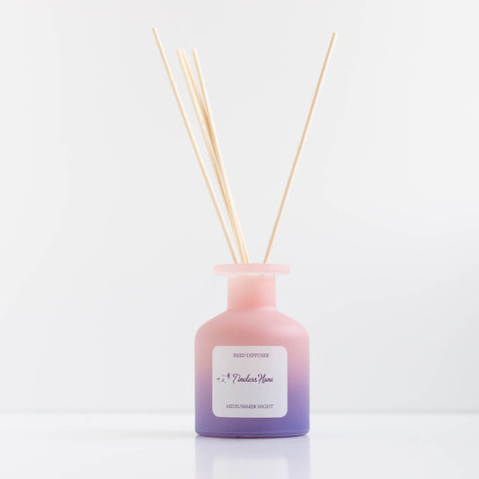 Reed Diffuser - Midsummer Night in frosted glass with all-natural reed sticks, luxurious handcrafted fragrance with notes of orange and jasmine.