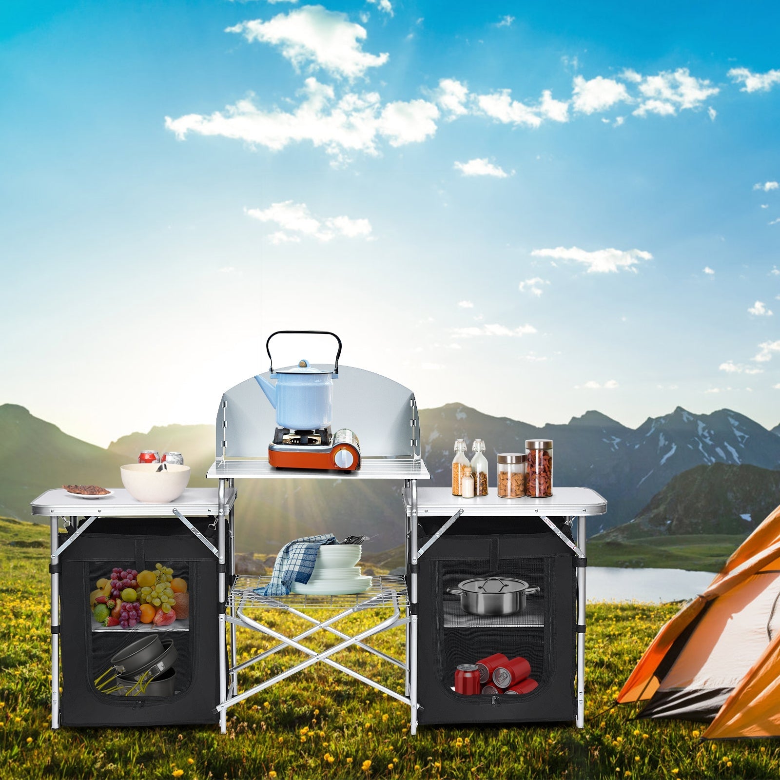 Folding Camping Table with Storage Organizer-Black featuring side tables, storage space, and sturdy frame for outdoor cooking use.