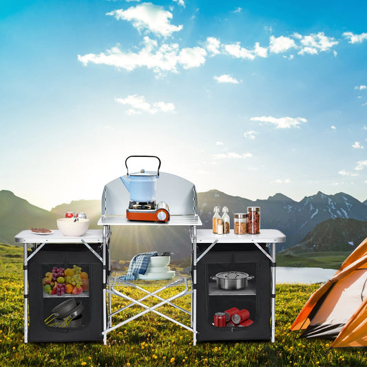 Folding Camping Table with Storage Organizer-Black featuring side tables, storage space, and sturdy frame for outdoor cooking use.