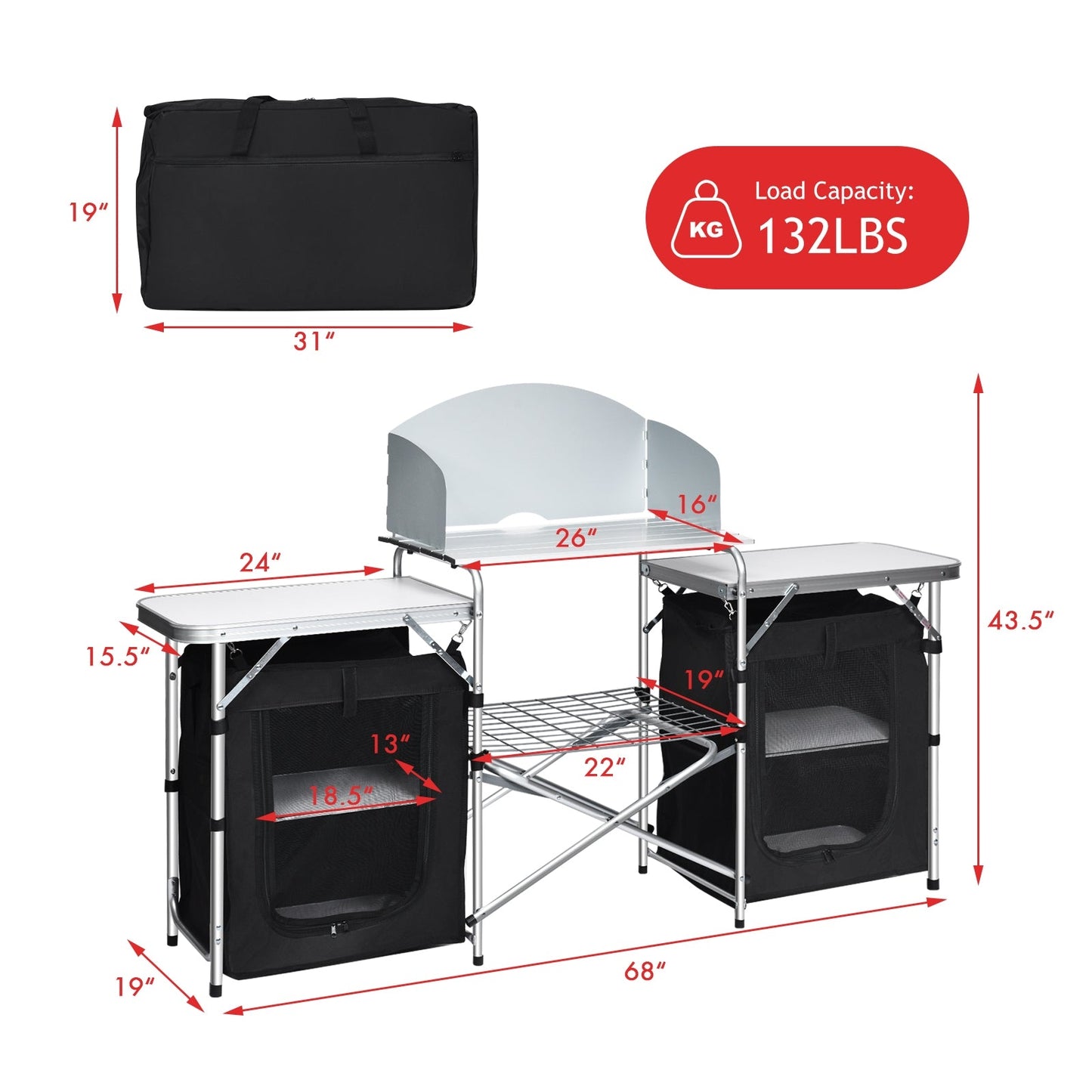 Folding Camping Table with Storage Organizer-Black featuring side tables, large countertop, and carrying bag with 132 lbs load capacity.