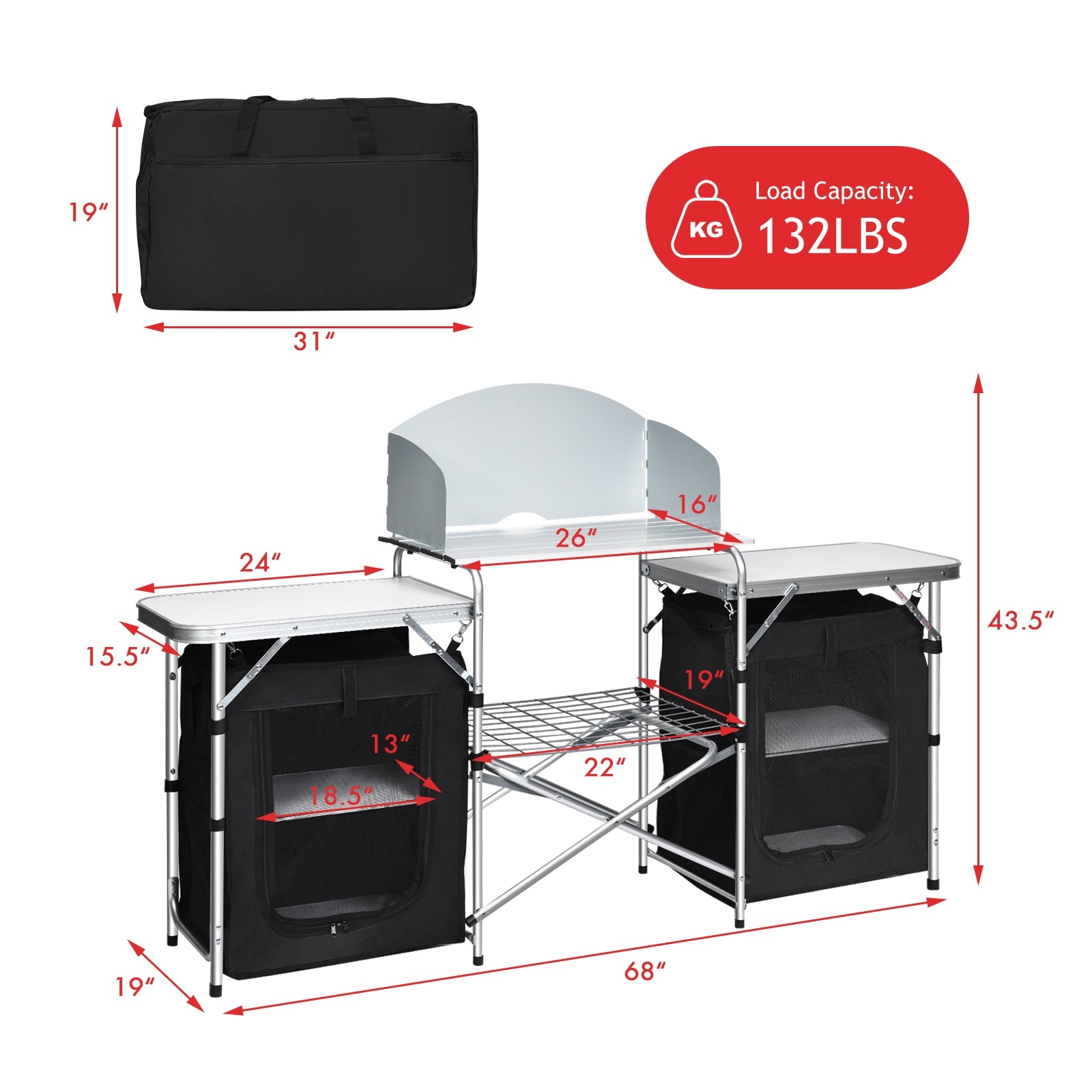 Folding Camping Table with Storage Organizer-Black featuring side tables, large countertop, and carrying bag with 132 lbs load capacity.