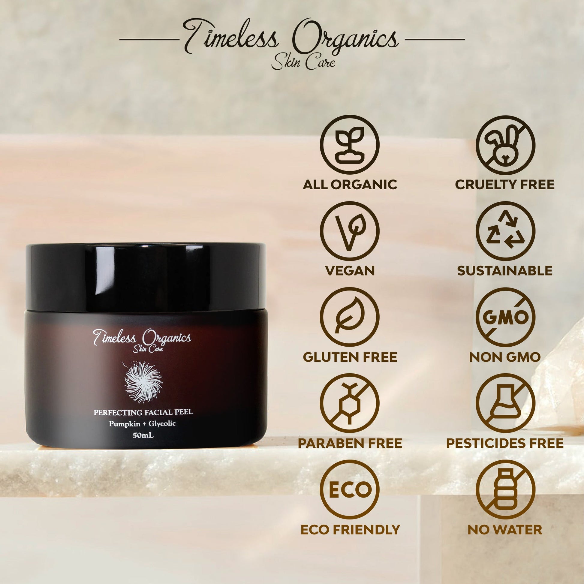 Timeless Organics Pumpkin + Glycolic Facial Peel jar with eco-friendly and organic labels