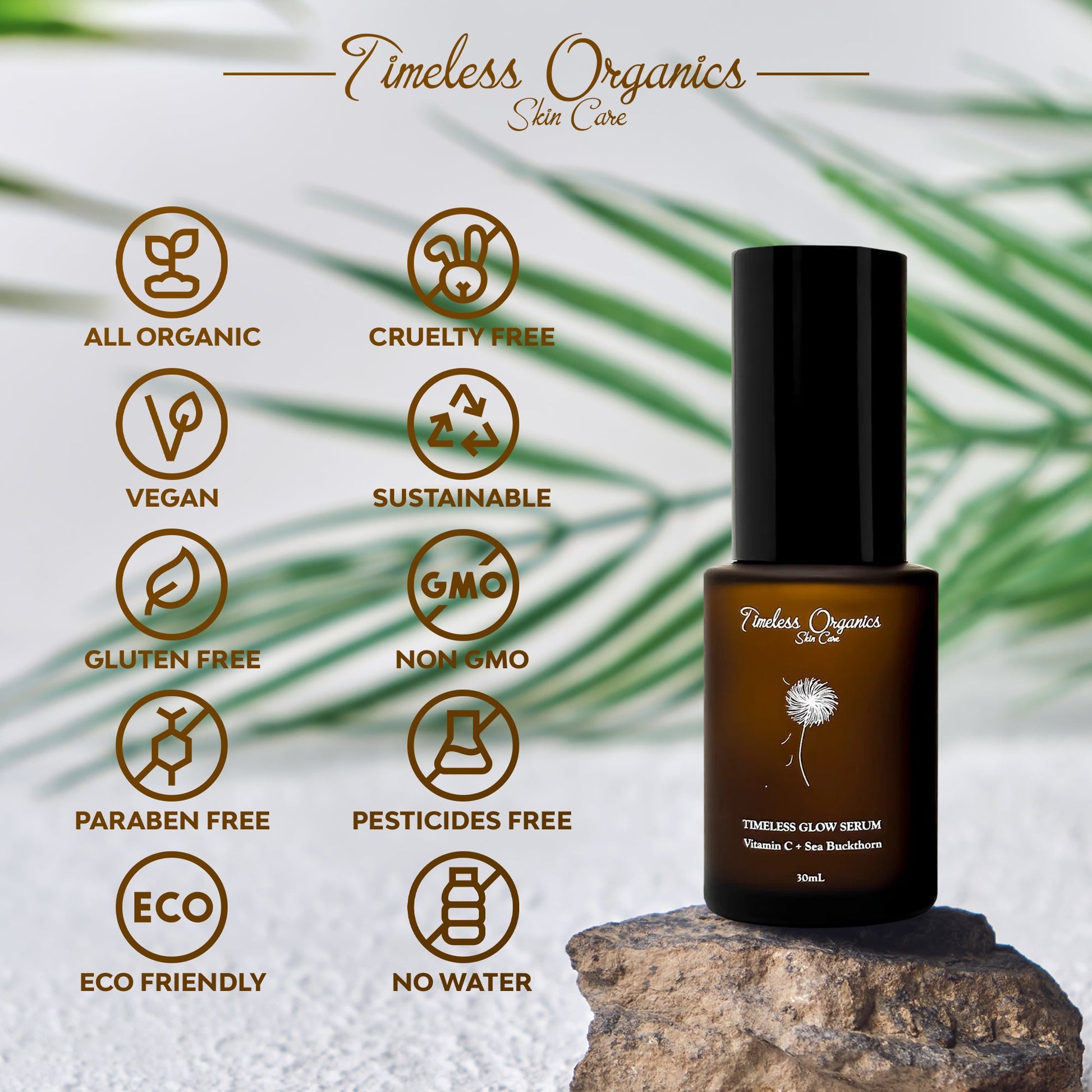 Timeless Glow Serum bottle surrounded by eco-friendly and cruelty-free icons for skincare benefits and features