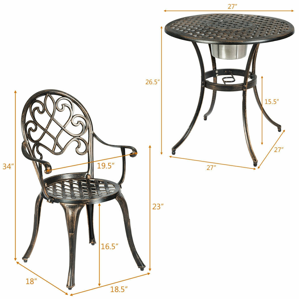 3 Pieces Outdoor Set Patio Bistro with Attached Removable Ice Bucket featuring table and chair dimensions