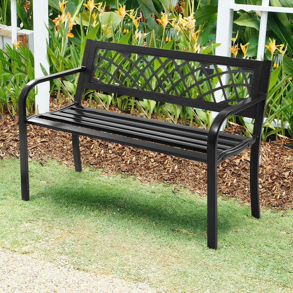 Bench Deck with Steel Frame for outdoor featuring comfortable PVC mesh backrest.