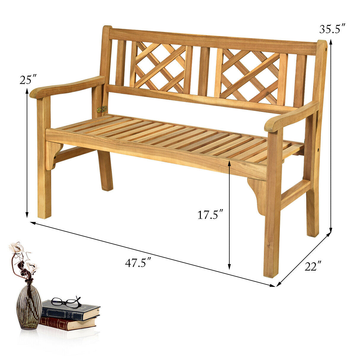 Patio Foldable Bench with Curved Backrest and Armrest made of acacia wood showcasing dimensions for backyard or garden use.
