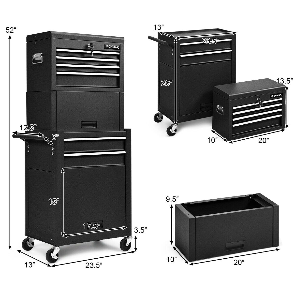 Diagram showing the 6-Drawer Tool Chest with Heightening Cabinet-Black dimensions and detachable features for organized tool storage.