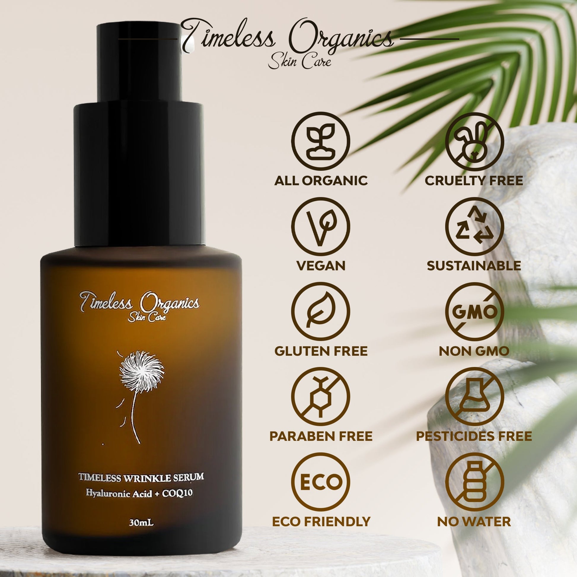 Timeless Wrinkle Serum bottle with eco-friendly and cruelty-free labels for rejuvenating nighttime skincare, 30mL