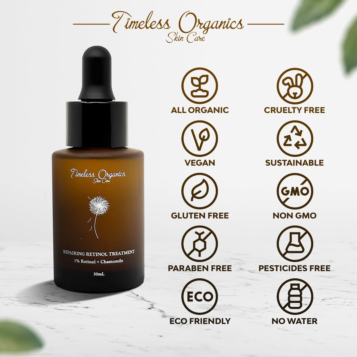 Repairing Retinol Treatment with eco-friendly and vegan symbols on dropper bottle, 30mL size.