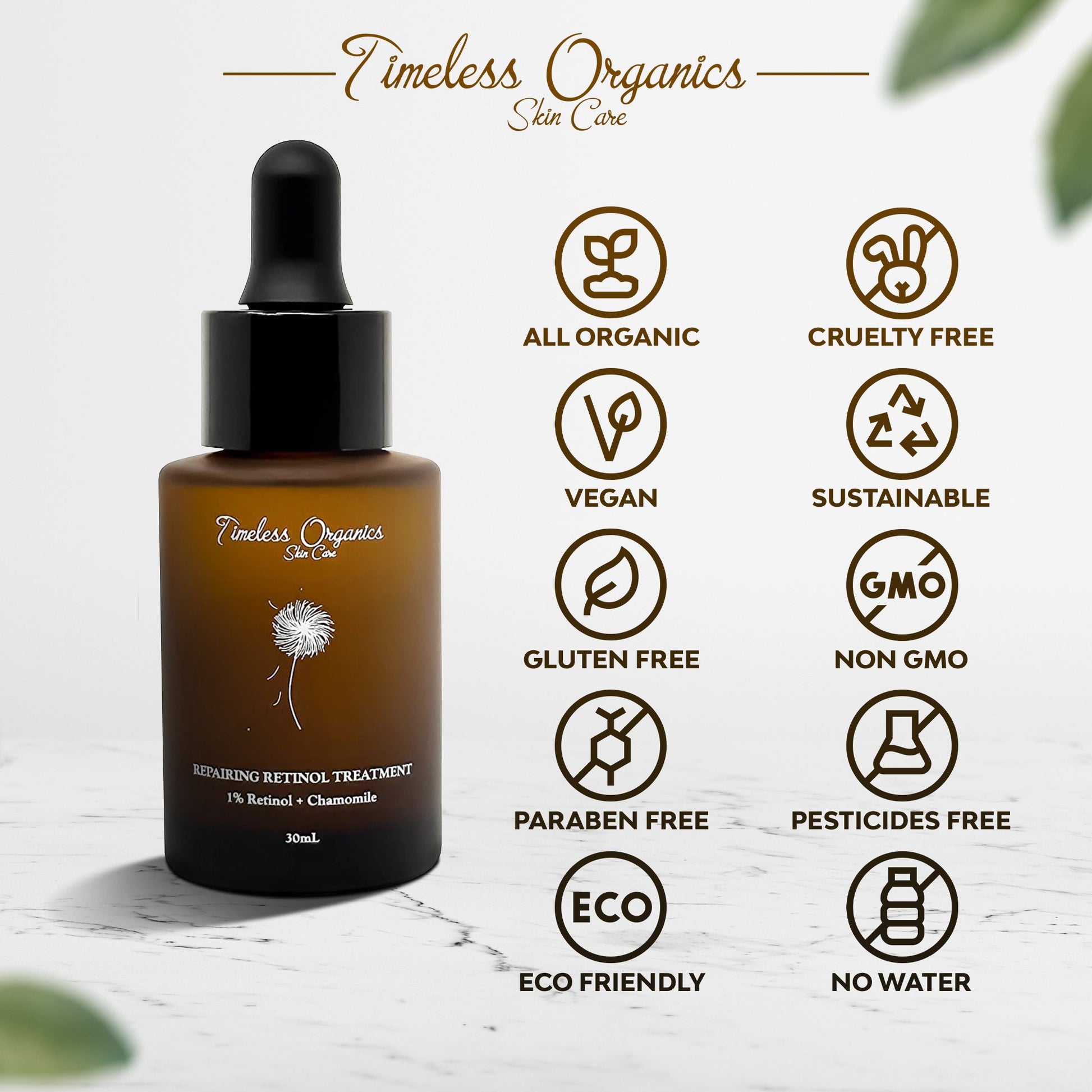 Repairing Retinol Treatment with eco-friendly and vegan symbols on dropper bottle, 30mL size.