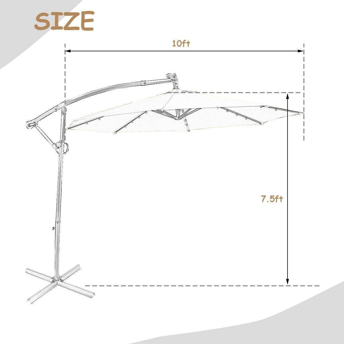 Dimensions of 10 ft 360° Rotation Solar Powered LED Patio Offset Umbrella without Weight Base-Beige