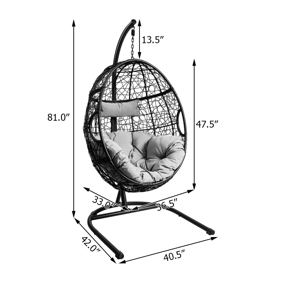 Hanging Cushioned Hammock Chair with Stand -Gray featuring rugged frame, non-slip pads, comfortable pillow and cushion, easy assembly.