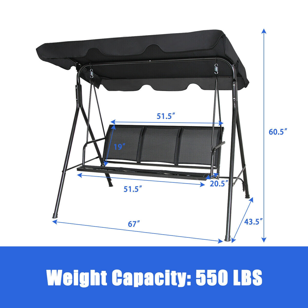 3 Person Patio Swing with Polyester Angle Adjustable Canopy, weight capacity 550 lbs, dimensions labeled, steel frame for outdoor use.