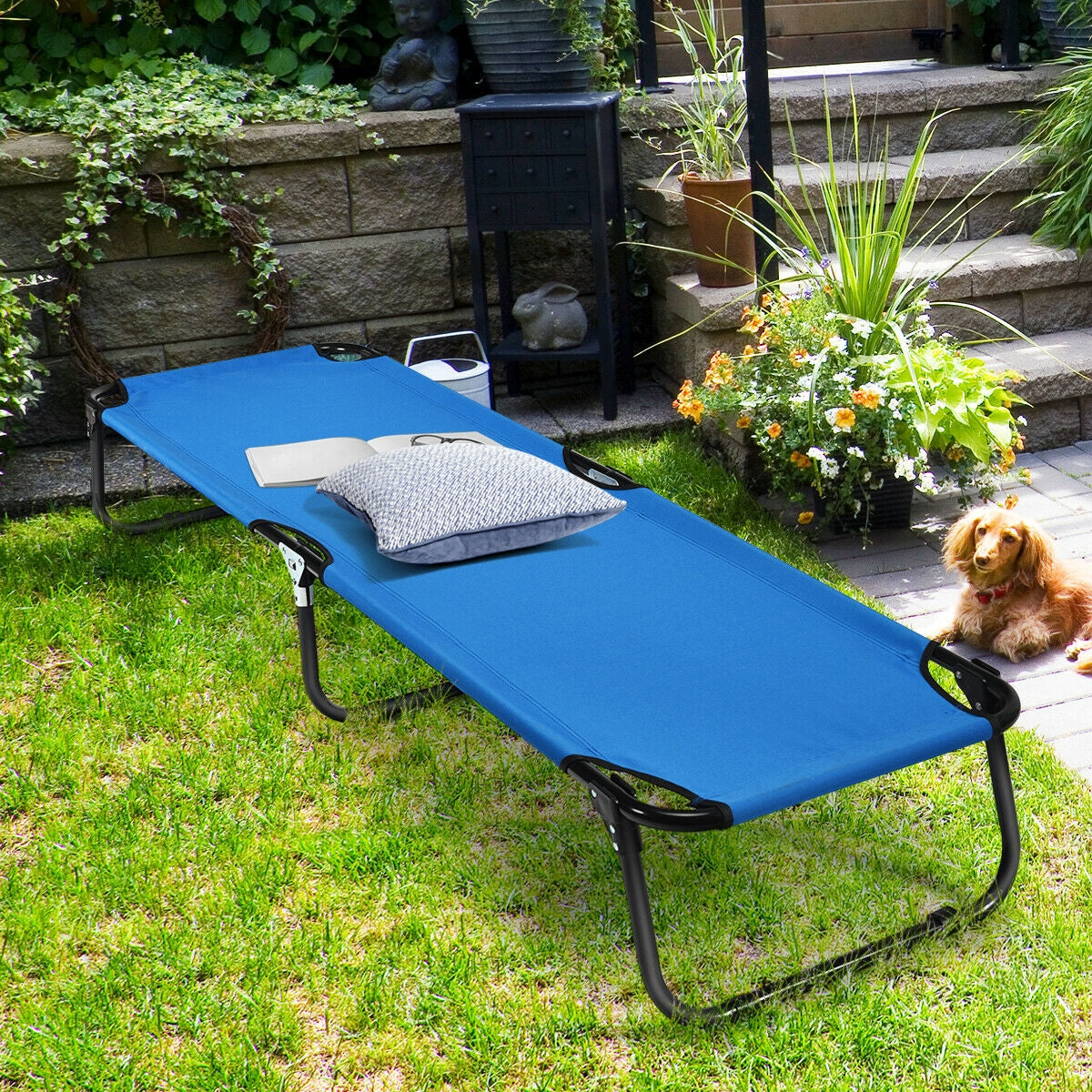 Folding Camping Bed Outdoor Portable Military Cot Sleeping Hiking with cushion, ideal for hiking and fishing in garden setting