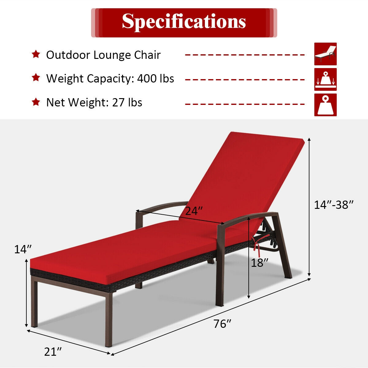 Diagram of Patio Rattan Lounge Chaise Recliner with Back Adjustable Cushioned-Red, showing dimensions and specifications.