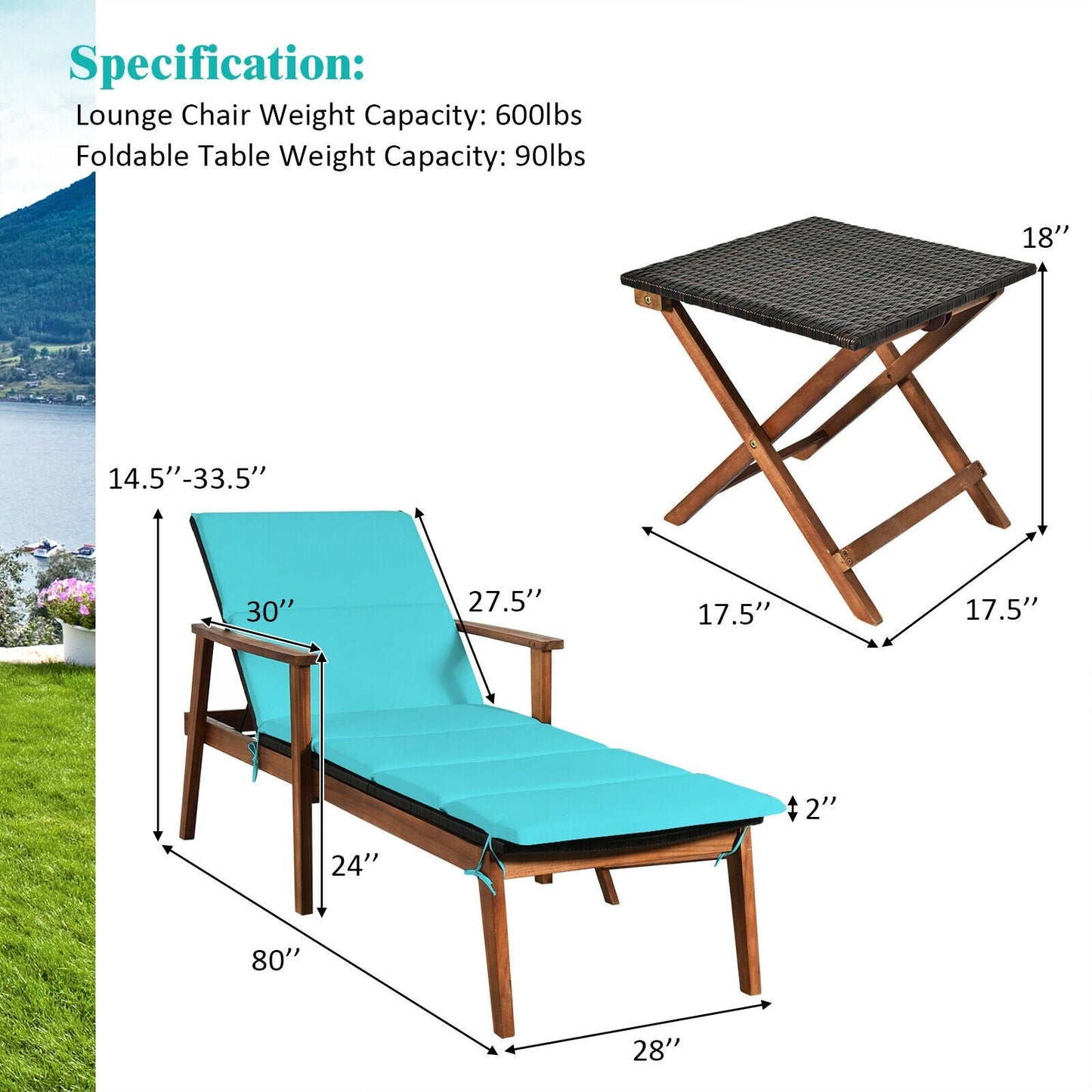 3 Pieces Portable Patio Cushioned Rattan Lounge Chair Set with Folding Table-Turquoise featuring dimensions and weight capacity