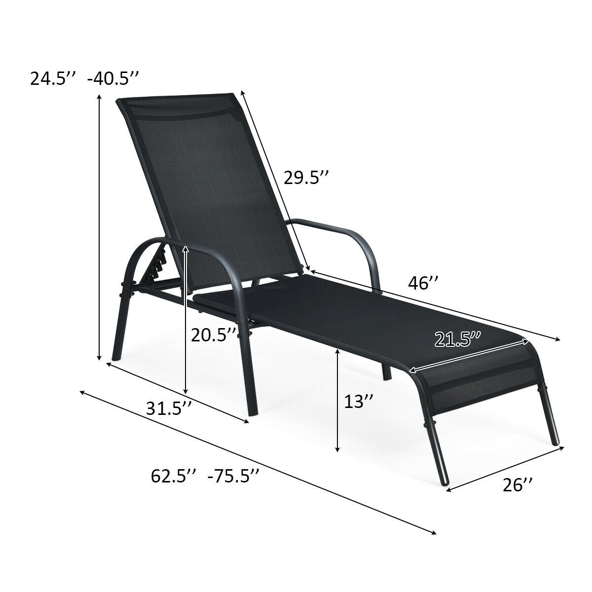 2 Pcs Outdoor Patio Lounge Chair Chaise Fabric with Adjustable Reclining Armrest dimensions in black