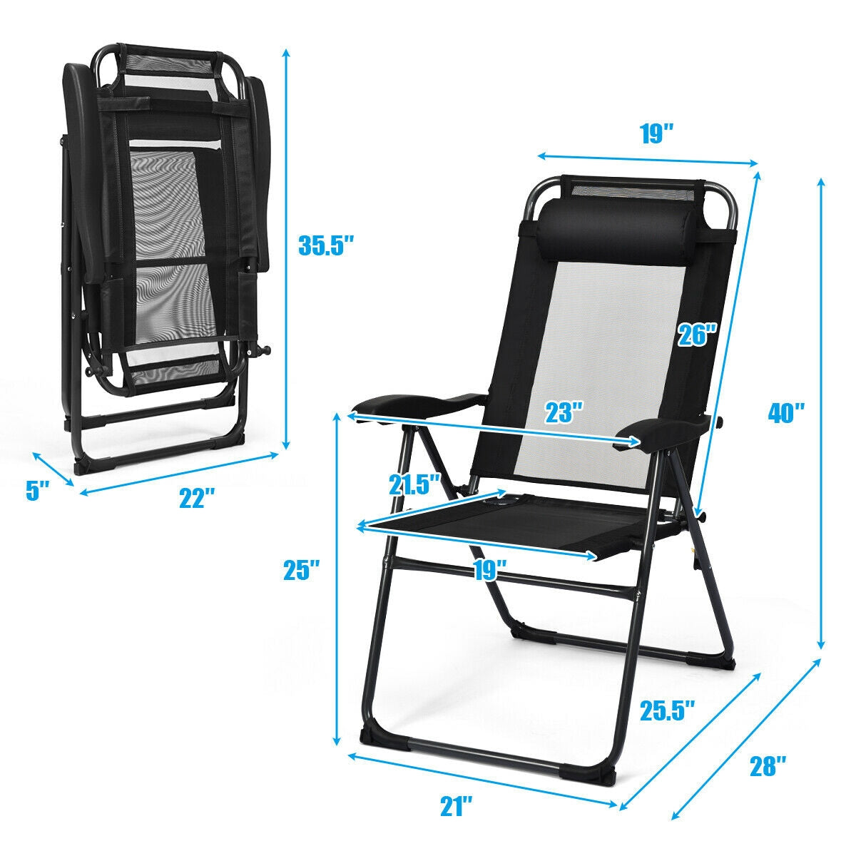 Dimensions and design of 4 Pieces Patio Garden Adjustable Reclining Folding Chairs with Headrest-Black