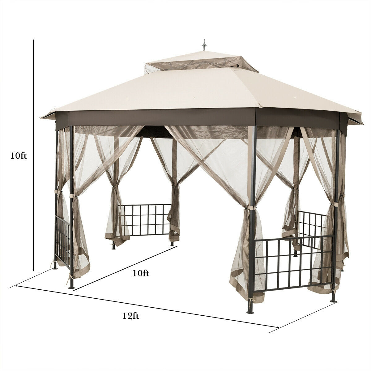 10’x 12’ Octagonal Patio Gazebo-Beige with mesh panels and metal frame, ideal for outdoor gatherings and sun protection.
