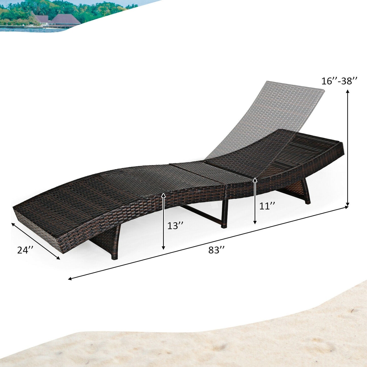 Patio Folding Adjustable Rattan Chaise Lounge Chair with Cushion-Turquoise showcasing dimensions and ergonomic curve