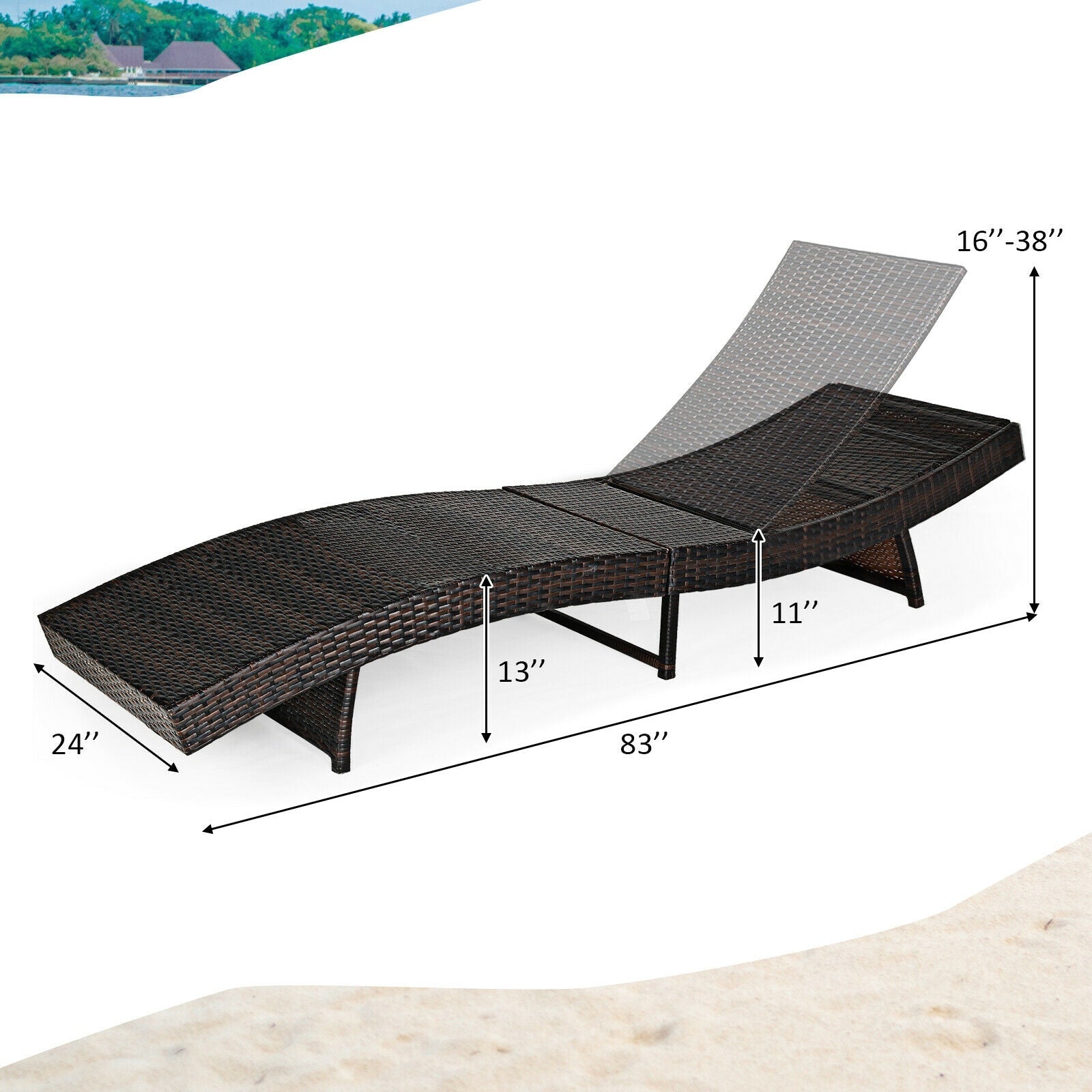 Patio Folding Adjustable Rattan Chaise Lounge Chair with Cushion-Turquoise showcasing dimensions and ergonomic curve