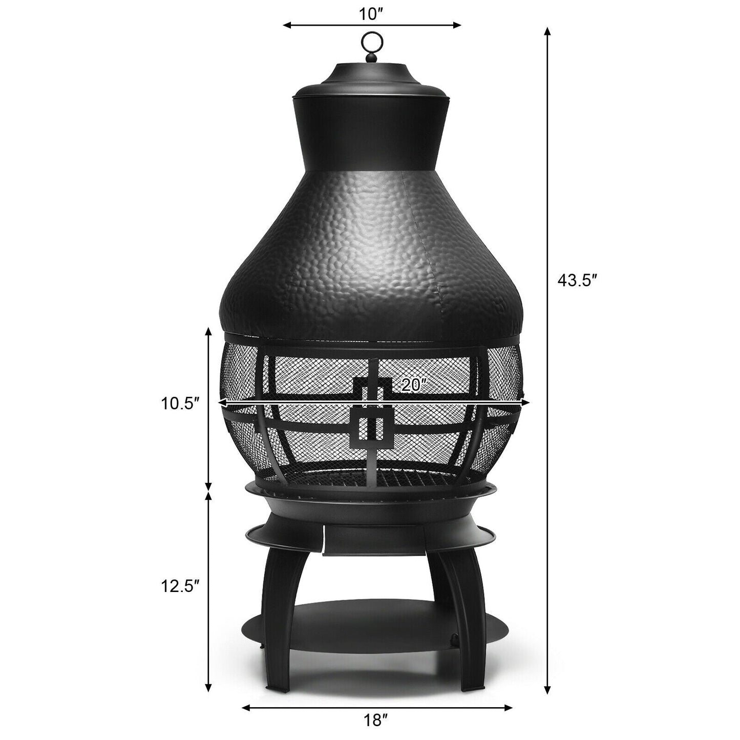 Patio Wood Burning Chimneys Fireplace with measurements and heavy-duty cast iron construction for stability.