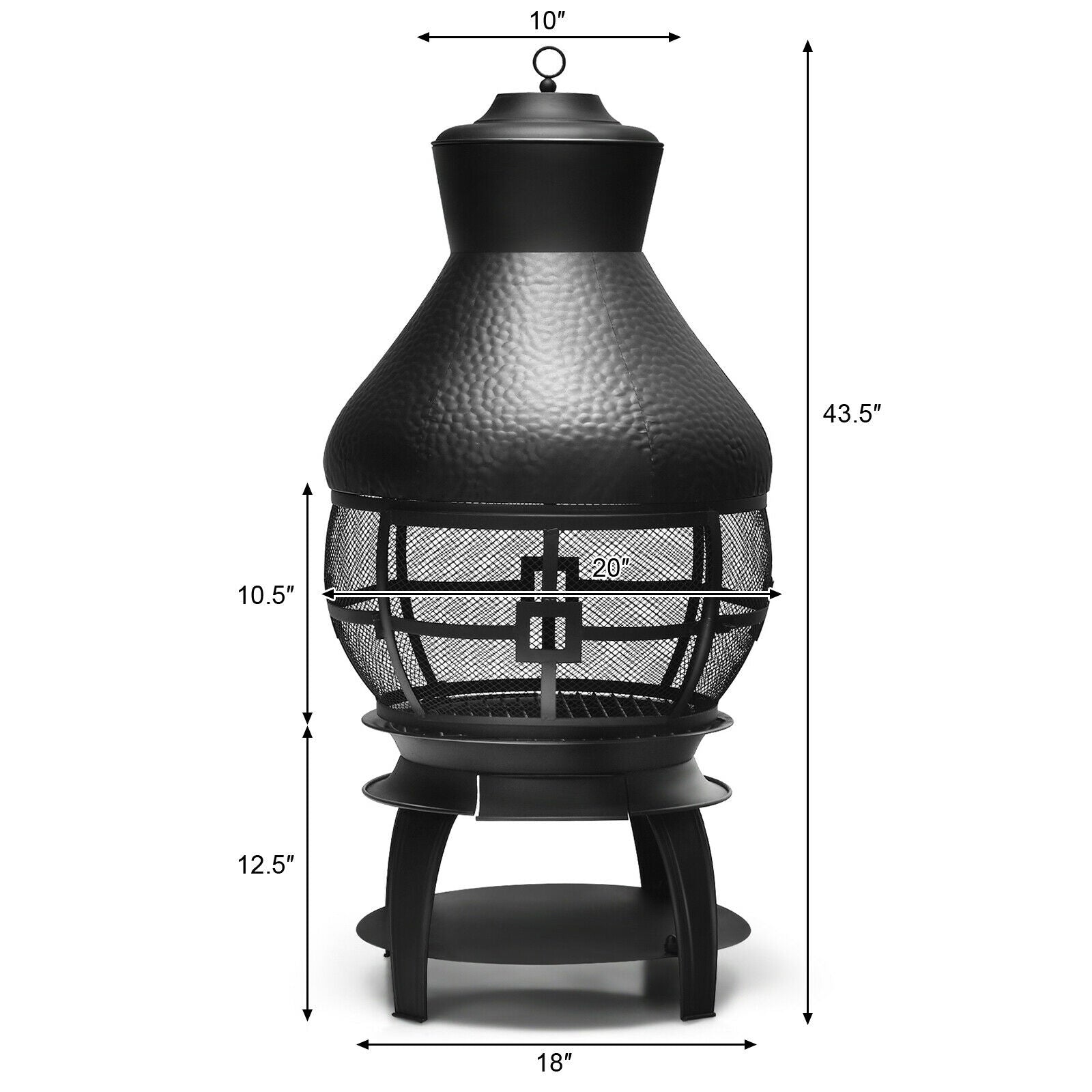 Patio Wood Burning Chimneys Fireplace with measurements and heavy-duty cast iron construction for stability.