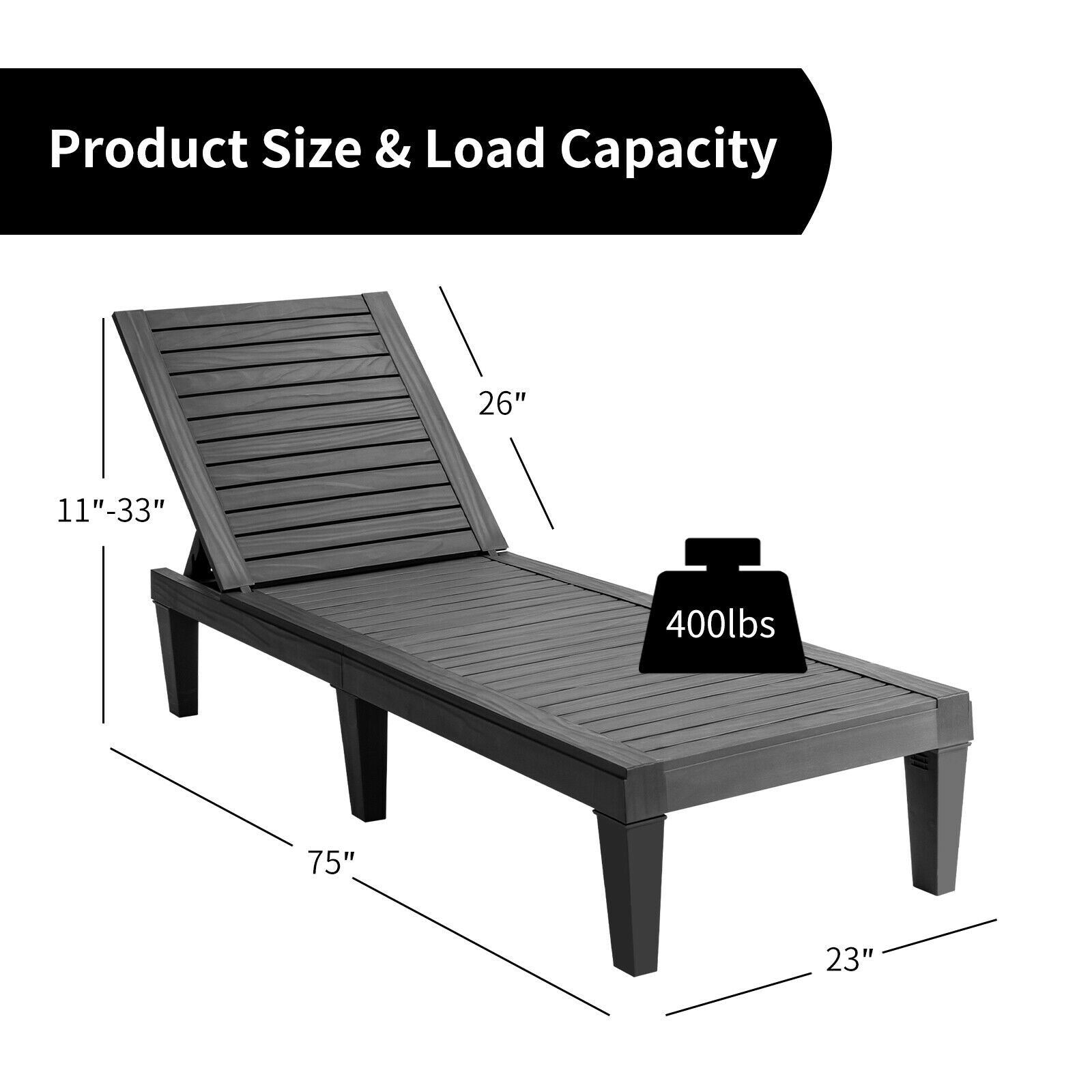 Outdoor Recliner Chair with 5-Position Adjustable Backrest-Black, dimensions 75x26x23 inches, supports up to 400 lbs, black finish