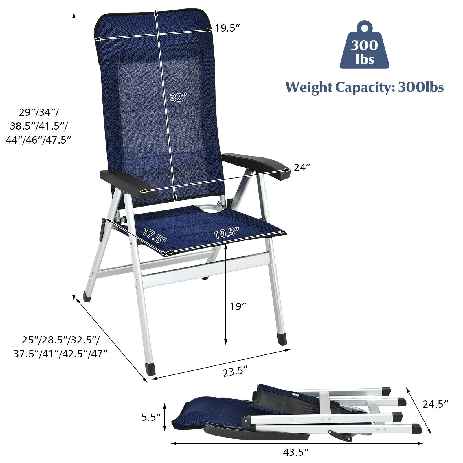 2Pcs Patio Dining Chair with Adjust Portable Headrest-Blue, adjustable backrest, aluminum and iron frame, weight capacity 300lbs