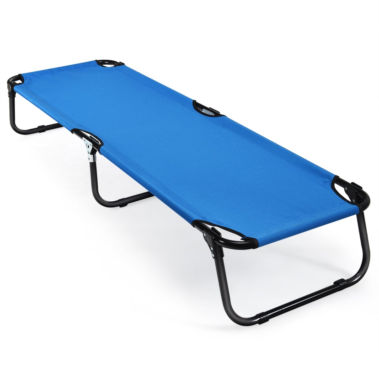 Blue Folding Camping Bed Outdoor Portable Military Cot Sleeping Hiking with rust-resistant iron frame and non-slip foot mats.