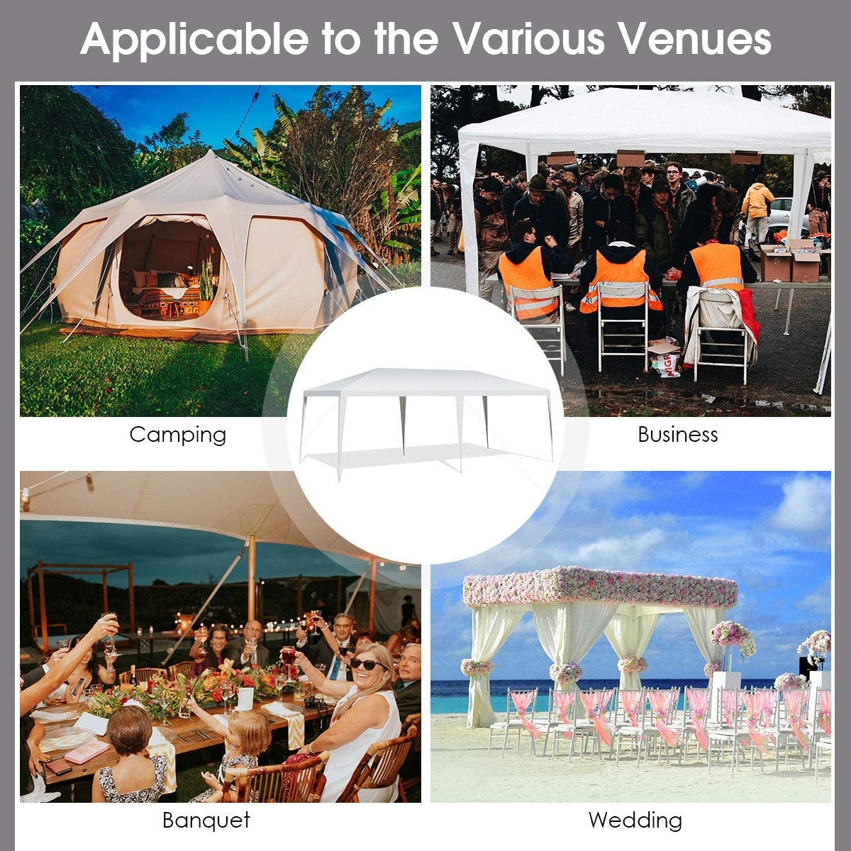 10 x 20 Feet Waterproof Canopy Tent with Tent Peg and Wind Rope shown in various settings: camping, business events, banquets, and weddings.