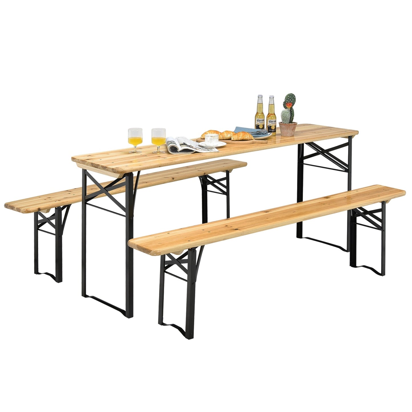 3 Pieces Folding Wooden Picnic Table Bench Set with rustic wood grain, fir wood and steel frame, perfect for indoor and outdoor use