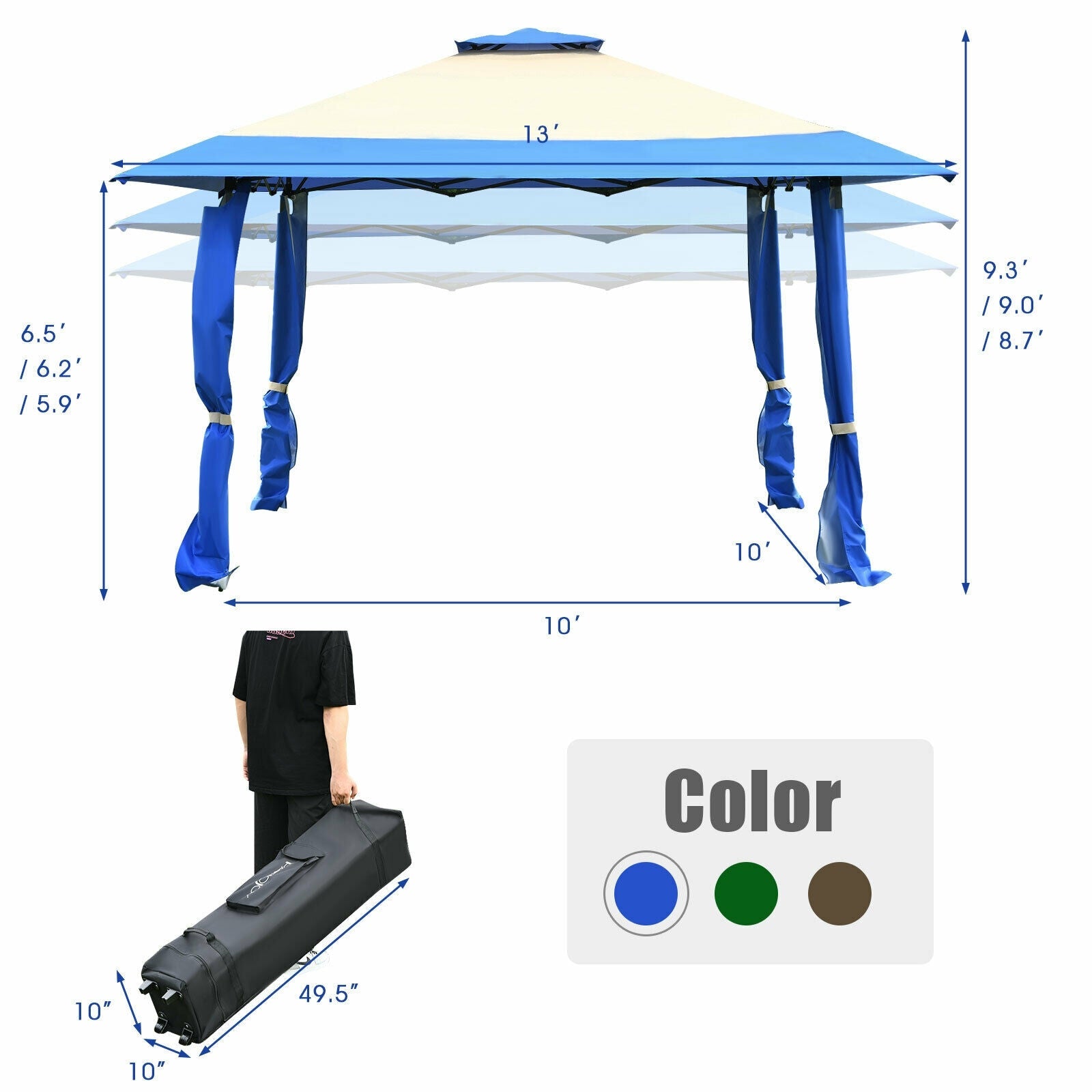 13 Feet x 13 Feet Pop Up Canopy Tent Instant Outdoor Folding Canopy Shelter-Blue with dimensions and carrying bag