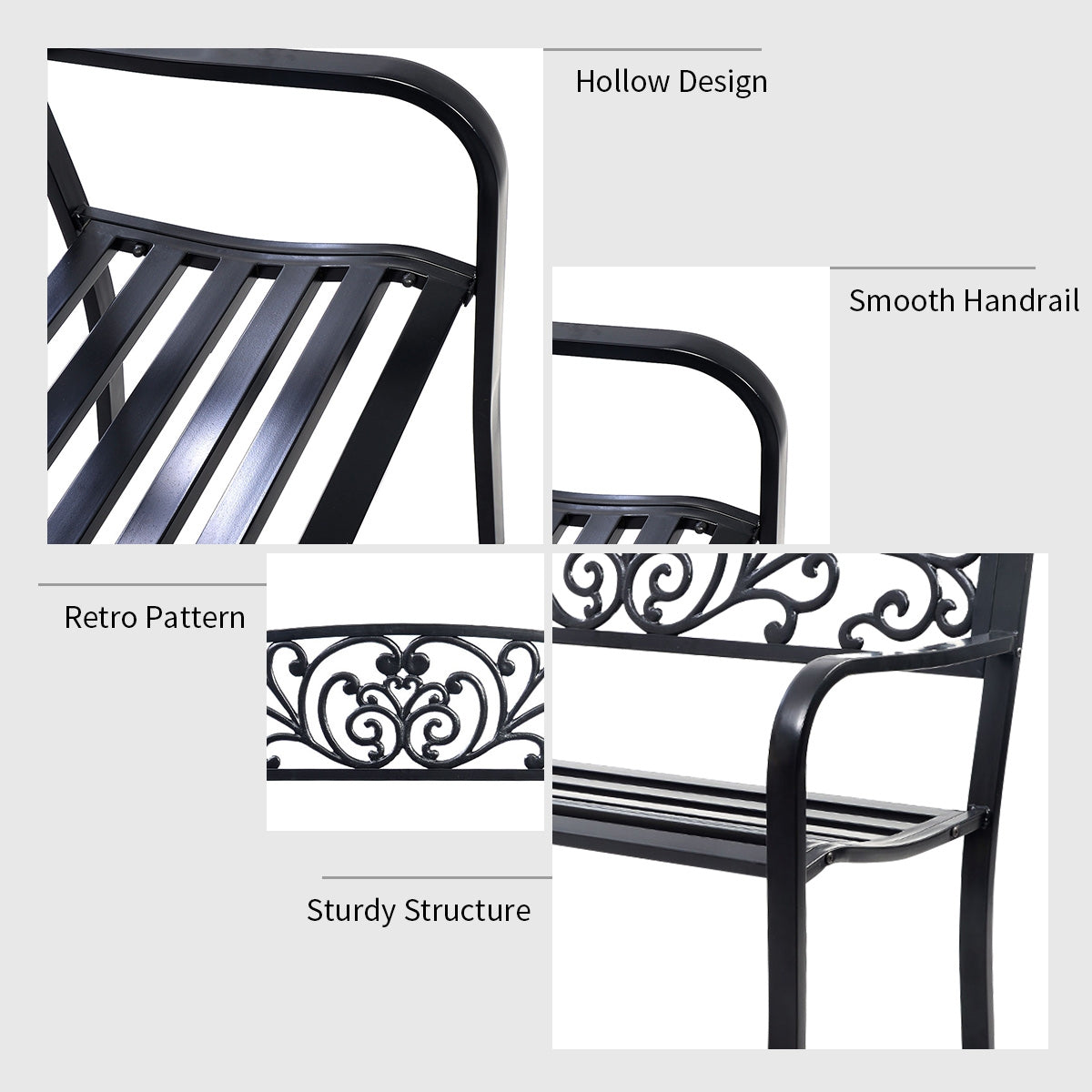 Close-up details of 50 Inch Patio Park Steel Frame Cast Iron Backrest Bench Porch Chair highlighting handrail and design