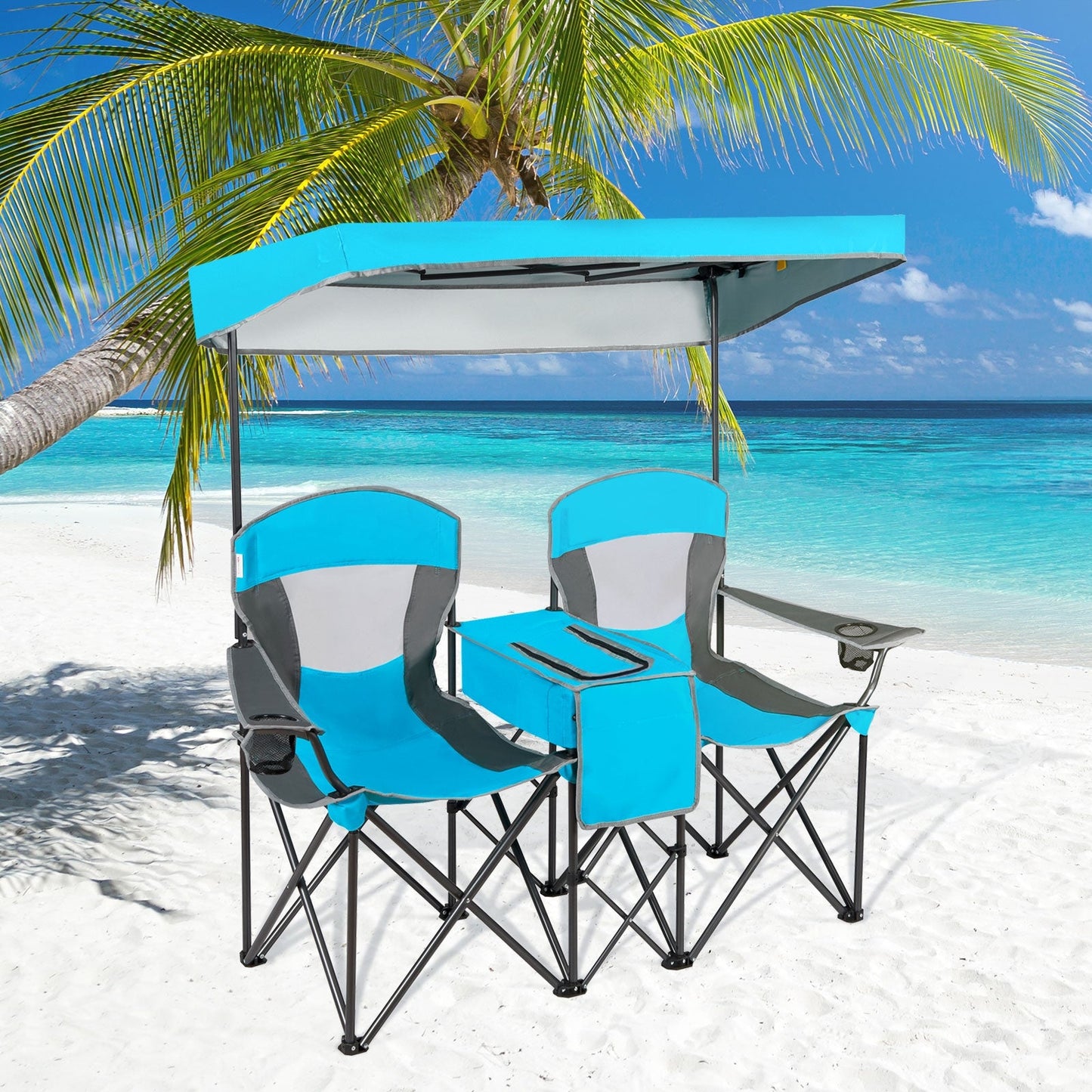 Portable Folding Camping Canopy Chairs with Cup Holder-Blue on a beach with palm trees and ocean view