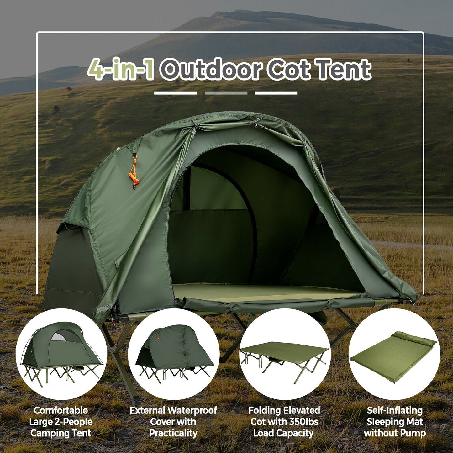 2-Person Outdoor Camping Tent with External Cover-Green on landscape setting