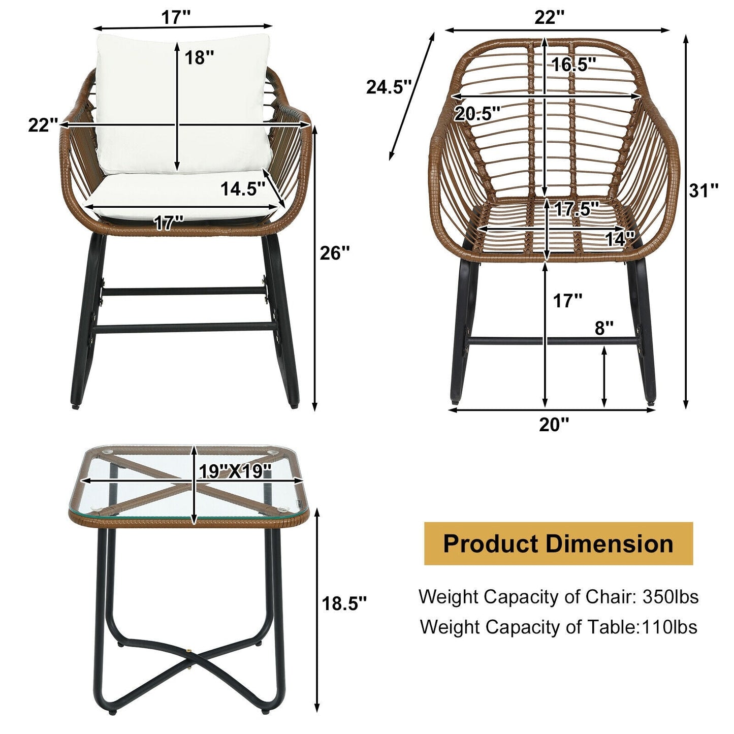Dimensions of 3 Pieces Patio Rattan Bistro Set Cushioned Chair Glass Table Deck-White with weight capacities.