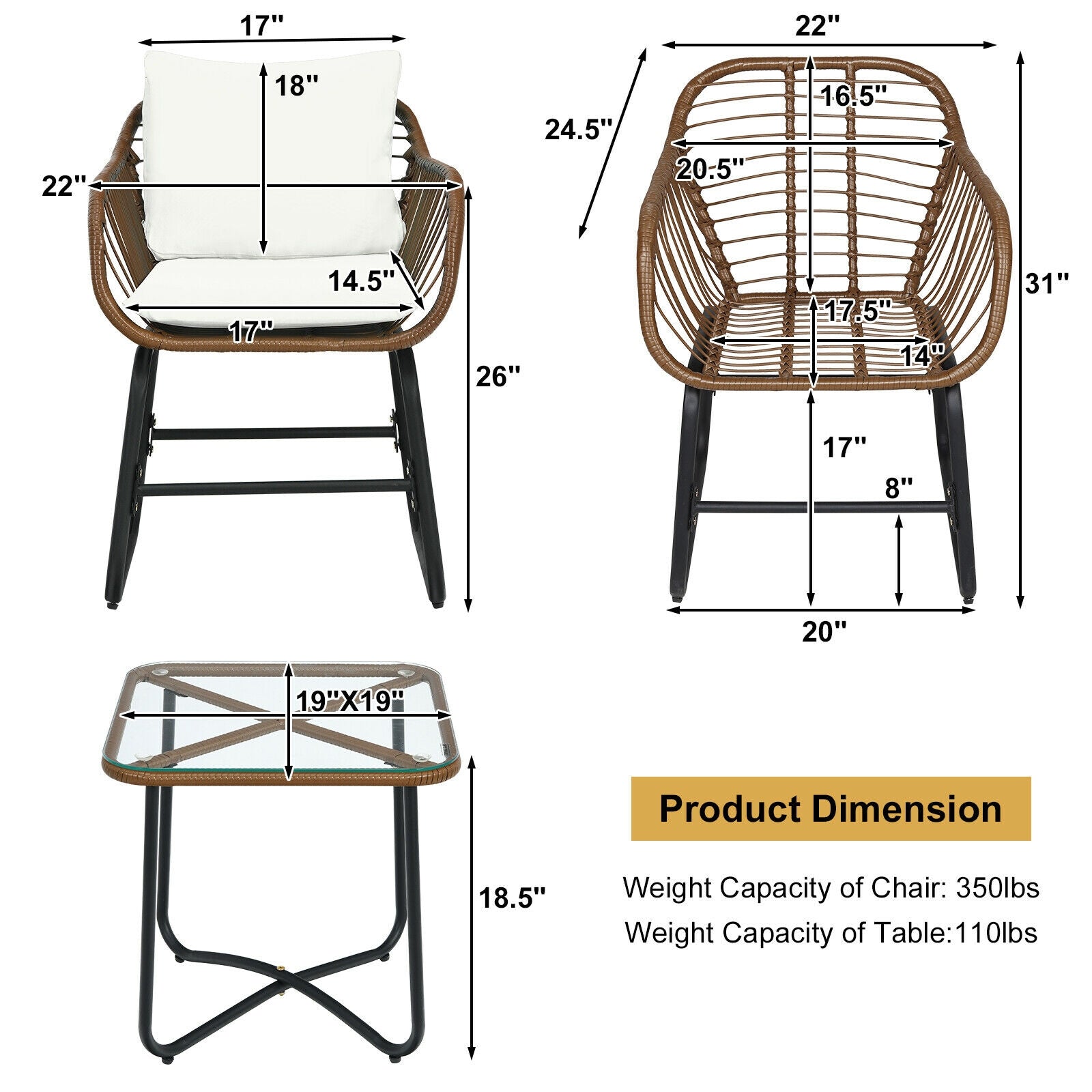 Dimensions of 3 Pieces Patio Rattan Bistro Set Cushioned Chair Glass Table Deck-White with weight capacities.