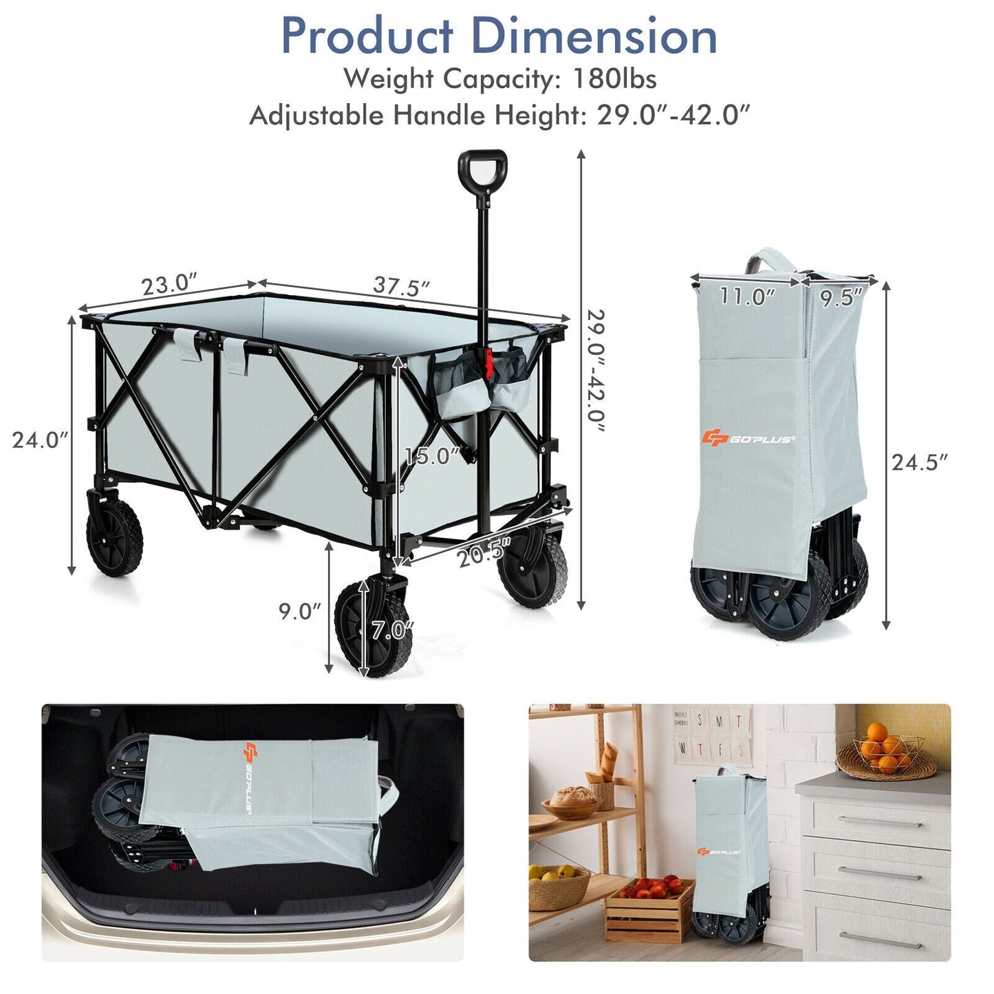 Outdoor Folding Wagon Cart with Adjustable Handle and Universal Wheels-Gray, shown folded and open with dimensions and features.