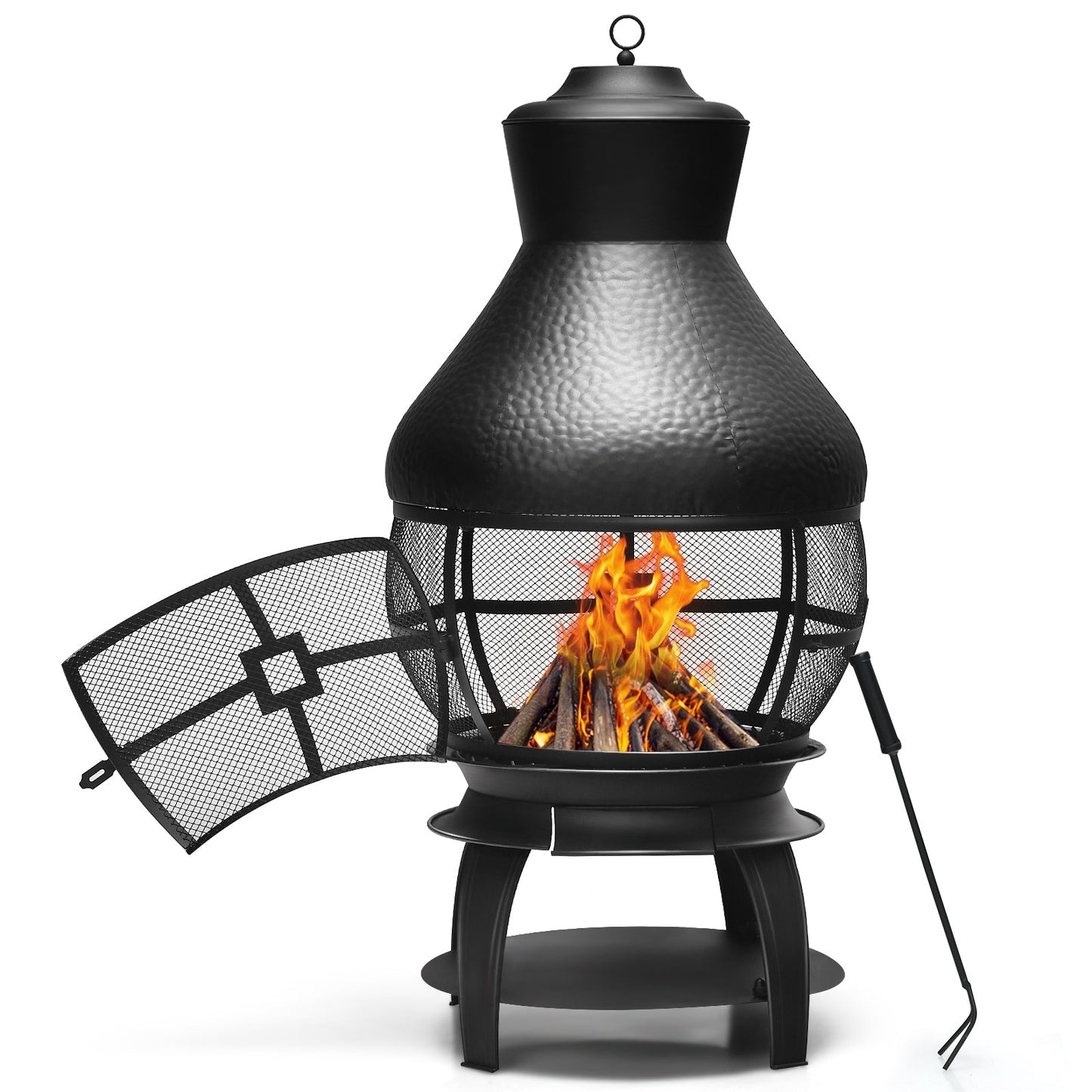 Patio Wood Burning Chimneys Fireplace with heavy-duty cast iron, rain cap, mesh screening, and fire poker for safe outdoor use.