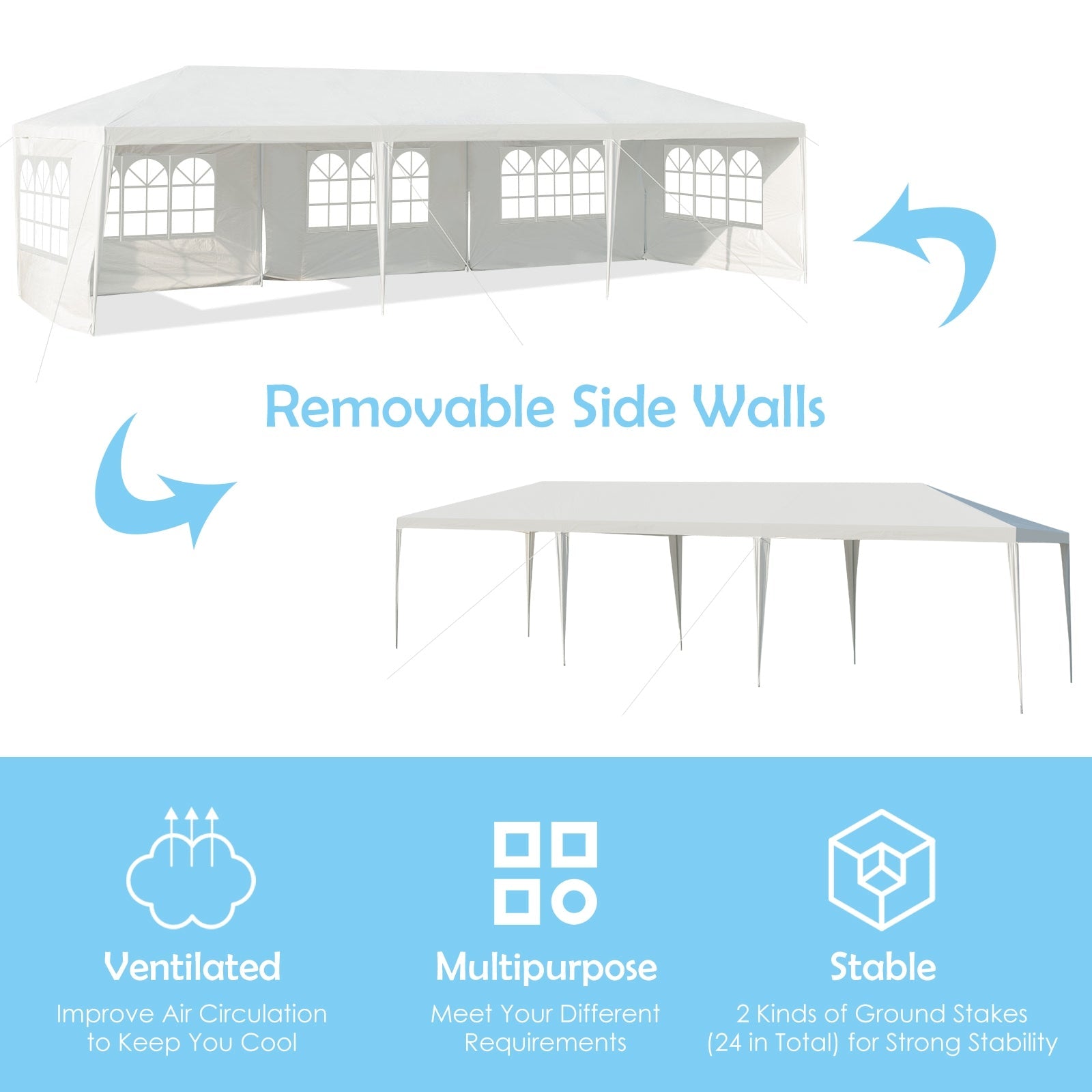 10 x 30 Feet Canopy Tent with 5 Removable Sidewalls for Party Wedding, featuring stable frame and ventilated design for outdoor events.