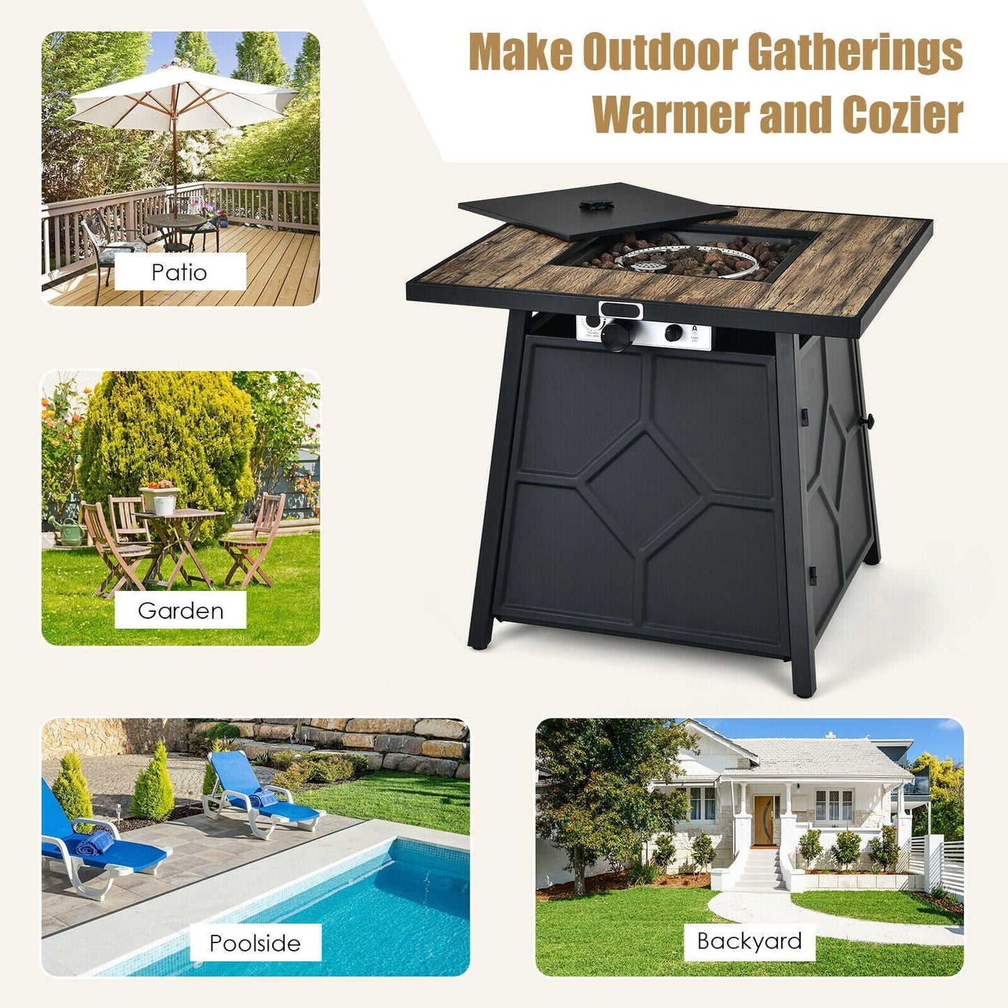 40 000 BTU 28 Inches Propane Gas Fire Pit Table With Cover for garden, patio, poolside, and backyard.