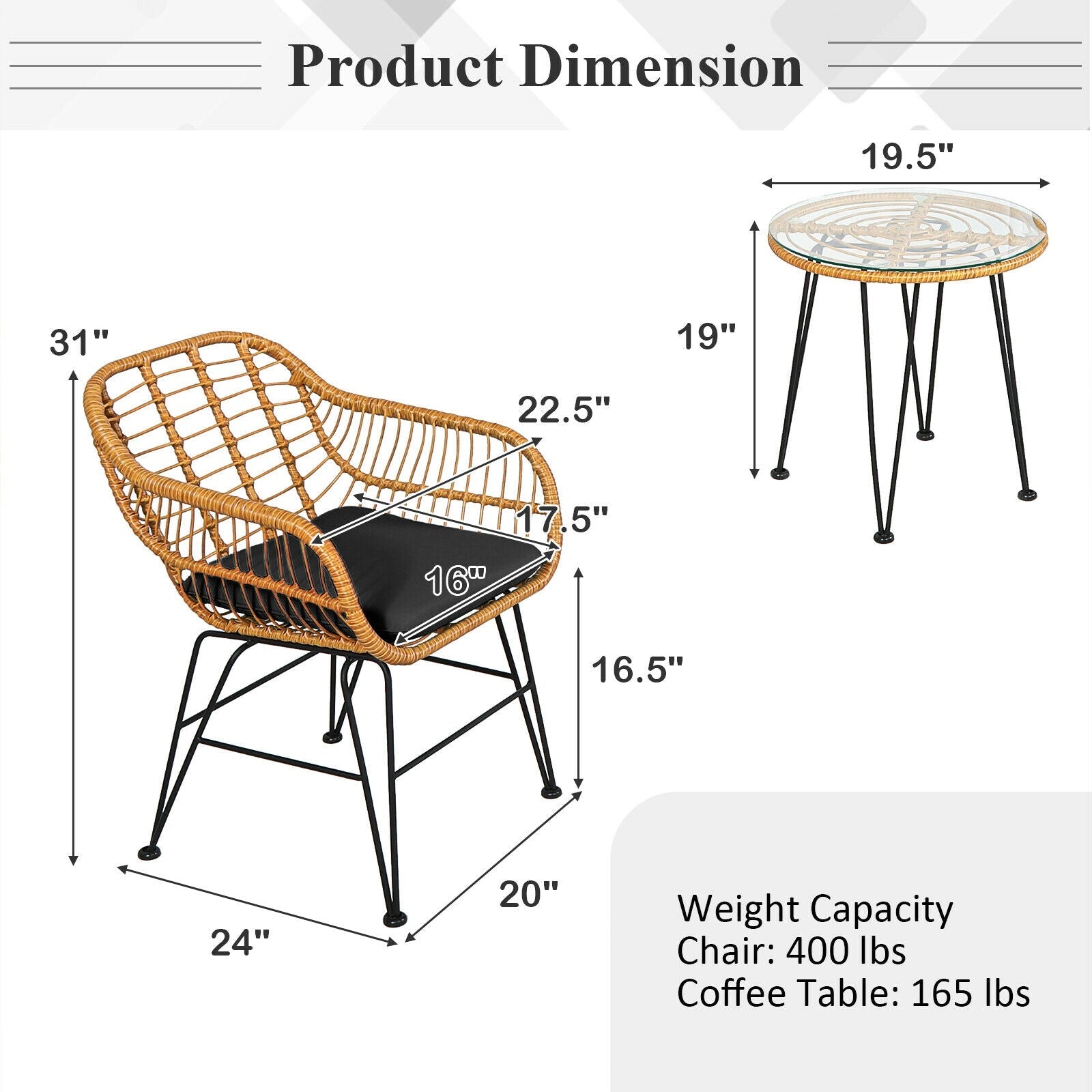 Dimensions of the 3 Pieces Rattan Furniture Set with Cushioned Chair Table-Black, showing chair and table measurements and weight capacity.