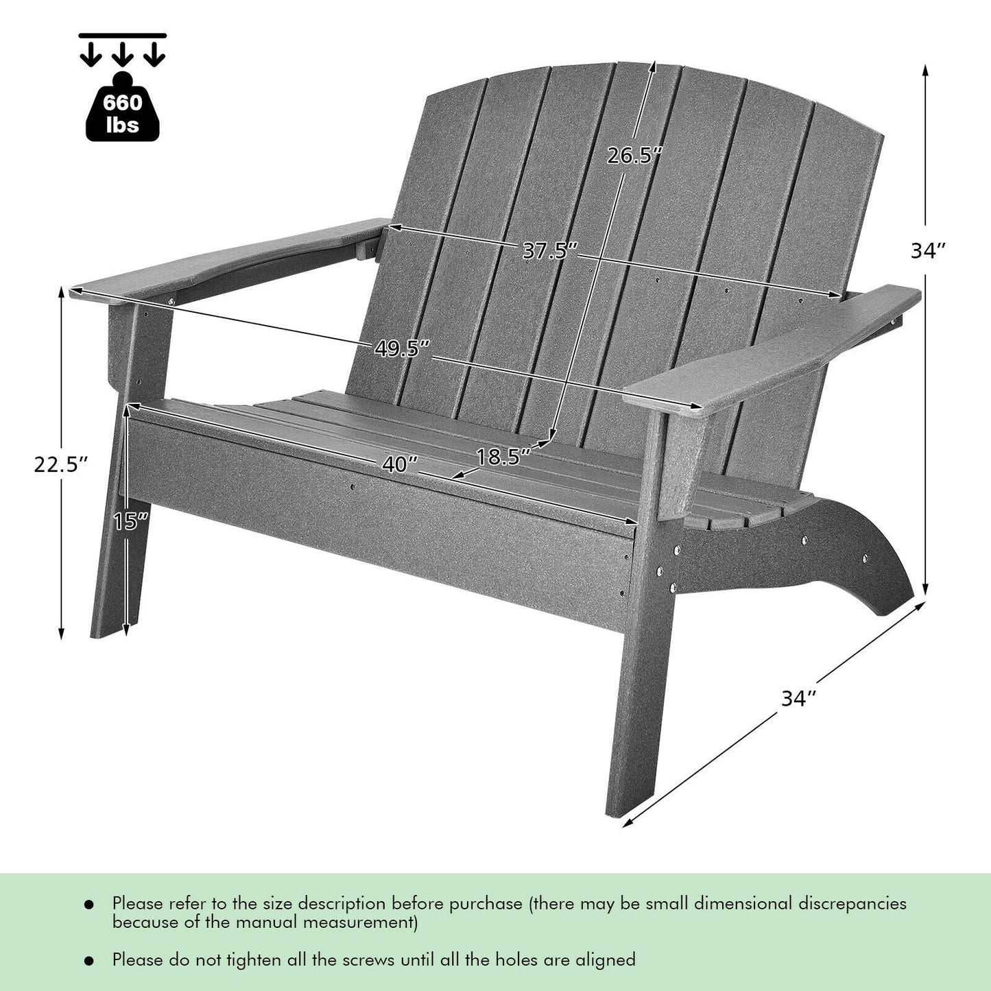 HDPE Patio Adirondack Chair for Porch Garden Backyard-Gray with ergonomic design and 660 lbs capacity, detailed dimensions shown.