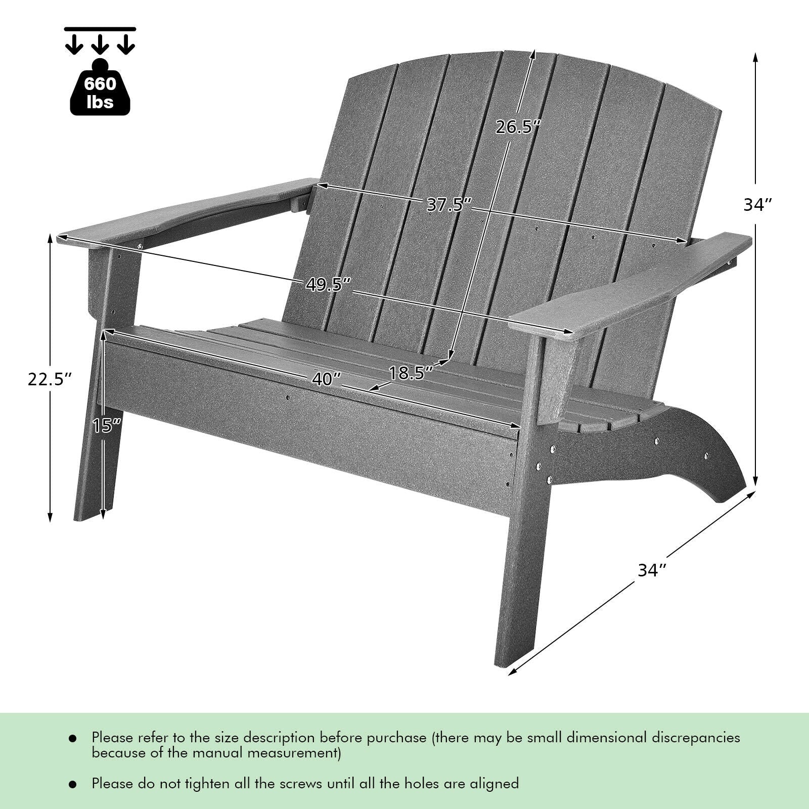 HDPE Patio Adirondack Chair for Porch Garden Backyard-Gray with ergonomic design and 660 lbs capacity, detailed dimensions shown.